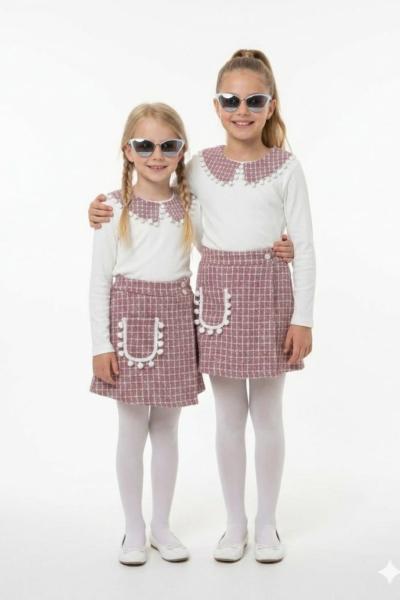 YAKA PONPON DETAYLI KARELİ ŞORT ETEKLİ TAKIM Pembe