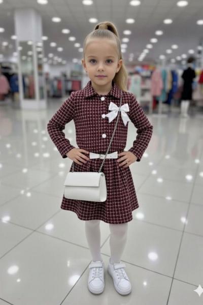 ETEĞİ KEMER DETAYLI PİLELİ ÇANTALI KIZ TAKIM  Bordo