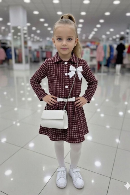 ETEĞİ KEMER DETAYLI PİLELİ ÇANTALI KIZ TAKIM  Bordo