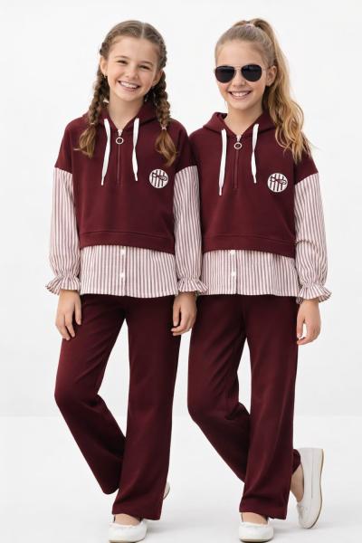 KAPŞONLU YARIM FERMURLI GÖMLEK DETAYLI KIZ TAKIM  Bordo