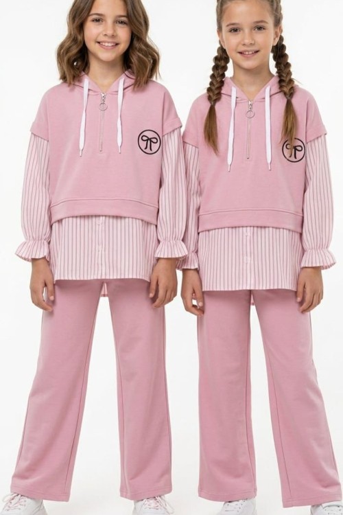 KAPŞONLU YARIM FERMURLI GÖMLEK DETAYLI KIZ TAKIM  Pembe