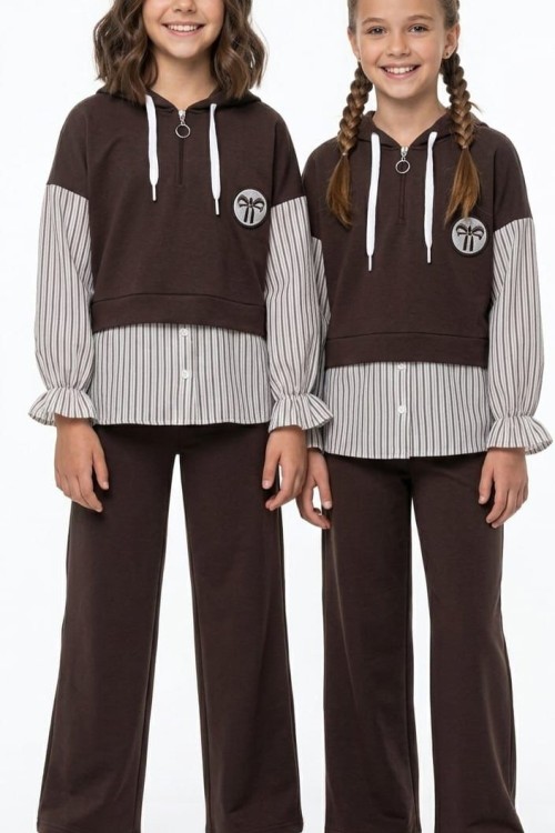 KAPŞONLU YARIM FERMURLI GÖMLEK DETAYLI KIZ TAKIM  Acı Kahve