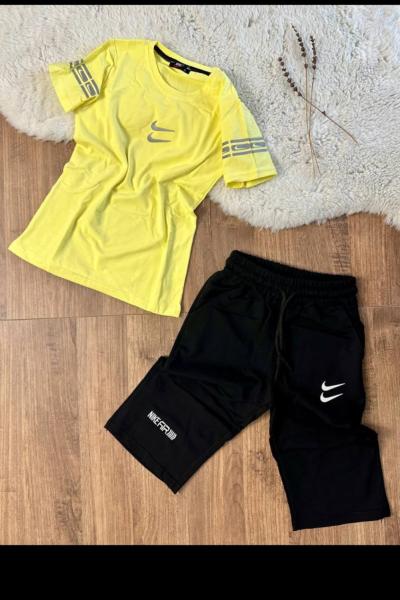 KÜÇÜKLER ORTASI İKİLİ NİKE KOLLARI BASKILI KAPRİ TAKIM Sarı