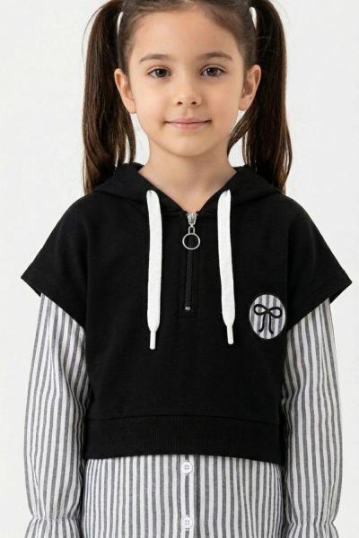 KAPŞONLU YARIM FERMUARLI GÖMLEK DETAYLI TEK ÜST SWEAT Siyah