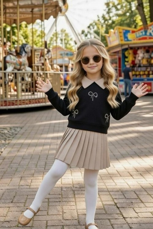 YAKALI FİYONK DETAYLI PİLELİ ETEKLİ TAKIM  Siyah Taş