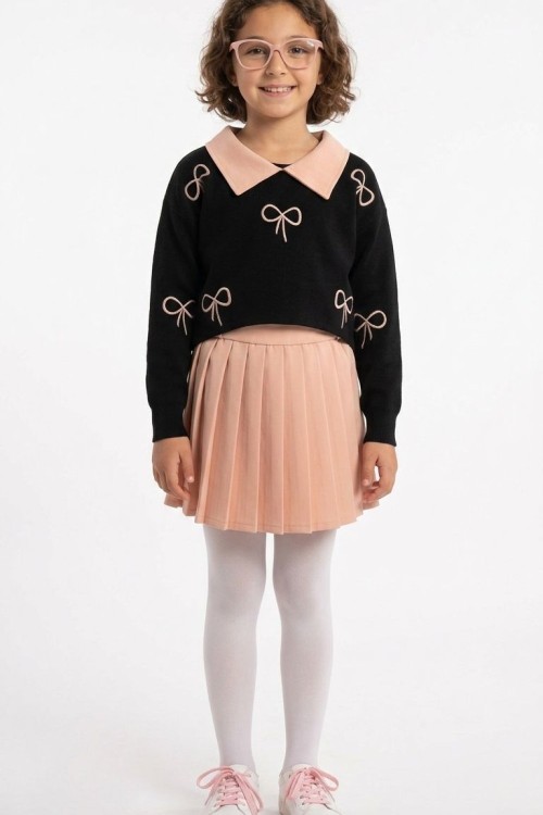 YAKALI FİYONK DETAYLI PİLELİ ETEKLİ TAKIM  Somon