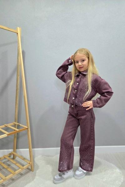 BAYRAMLIK HER YERİ TAŞLI KOT KIZ TAKIM Mürdüm