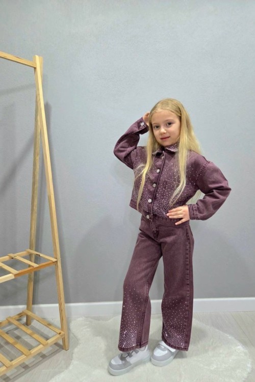 BAYRAMLIK HER YERİ TAŞLI KOT KIZ TAKIM Mürdüm