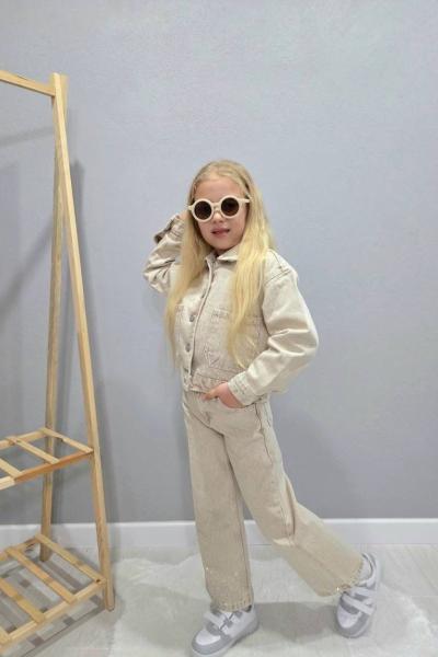 BAYRAMLIK HER YERİ TAŞLI KOT KIZ TAKIM Bej