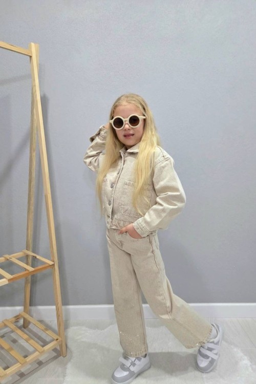 BAYRAMLIK HER YERİ TAŞLI KOT KIZ TAKIM Bej