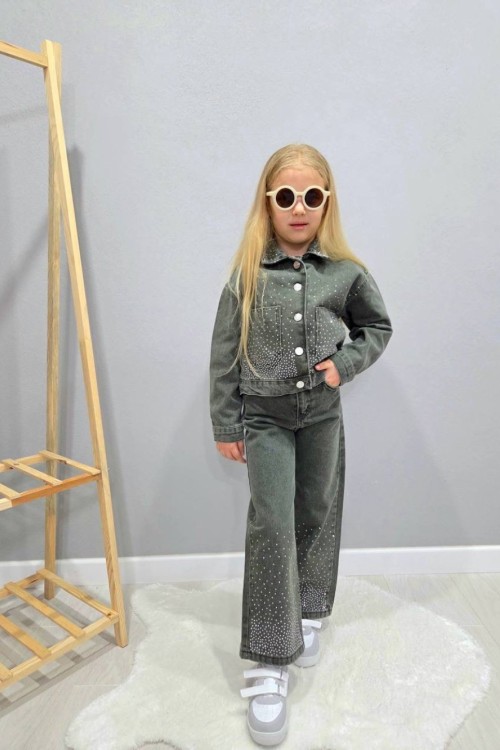 BAYRAMLIK HER YERİ TAŞLI KOT KIZ TAKIM Yeşil