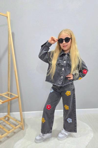 BAYRAMLIK HER YERİ PAPATYA DETAYLI KIZ KOT TAKIM Siyah