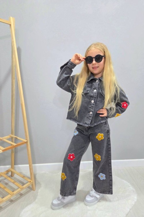 BAYRAMLIK HER YERİ PAPATYA DETAYLI KIZ KOT TAKIM Siyah