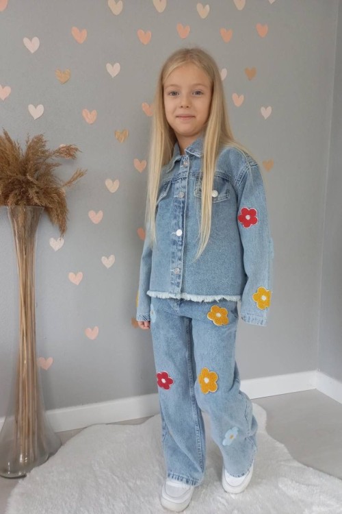 BAYRAMLIK HER YERİ PAPATYA DETAYLI KIZ KOT TAKIM Mavi