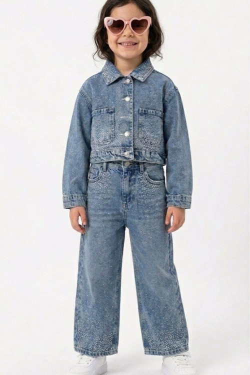 HER YERİ SEYREK TAŞLI KOT CEKETLİ TAKIM  Mavi