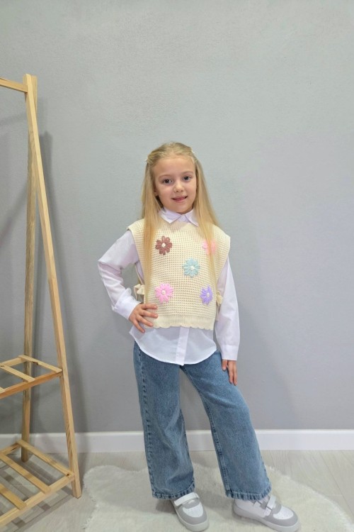 PAPATYALI TRİKO SÜVETERLİ 3 LÜ KIZ TAKIM  Krem