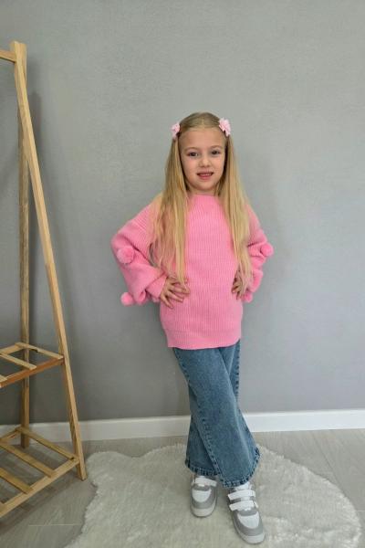 TRİKOSU PONPONLU KIZ KOT TAKIM  Pembe