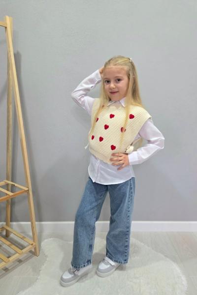 MİNİK KALPLİ SÜVETERLİ 3 LÜ KIZ KOT TAKIM  Krem