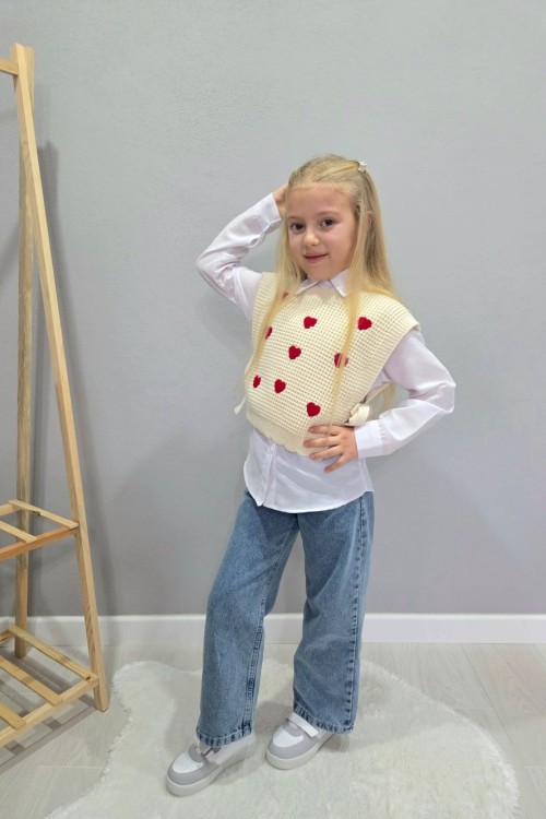 MİNİK KALPLİ SÜVETERLİ 3 LÜ KIZ KOT TAKIM  Krem