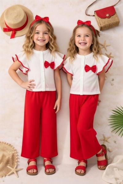 BAYRAMLIK KOLLARI FIRFIRLI FİYONKLU SAÇ BANTLI YAZLIK TAKIM Kırmızı