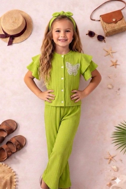 BAYRAMLIK KOLLARI FIRFIR KELEBEKLİ SAÇ BANTLI GÖMLEK TAKIM Yeşil