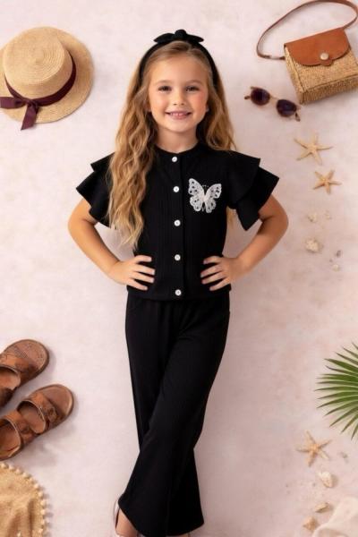 BAYRAMLIK KOLLARI FIRFIR KELEBEKLİ SAÇ BANTLI GÖMLEK TAKIM Siyah