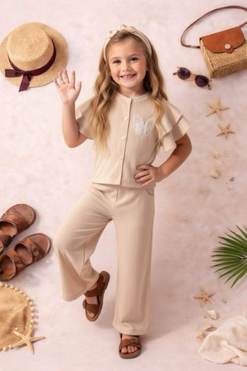 BAYRAMLIK KOLLARI FIRFIR KELEBEKLİ SAÇ BANTLI GÖMLEK TAKIM Bej