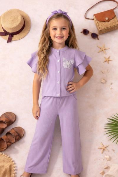 BAYRAMLIK KOLLARI FIRFIR KELEBEKLİ SAÇ BANTLI GÖMLEK TAKIM Lila