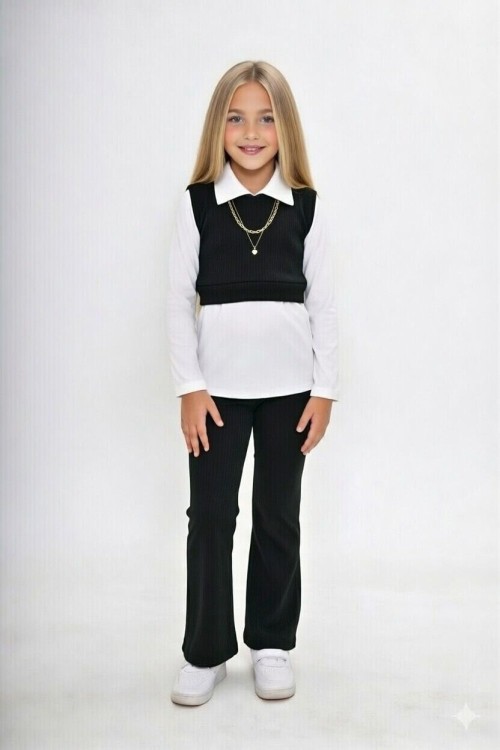 BAYRAMLIK YAKALI SÜVETER GÖRÜNÜMLÜ UZUN KOLLU İSPANYOL TAKIM  Siyah