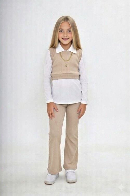 BAYRAMLIK YAKALI SÜVETER GÖRÜNÜMLÜ UZUN KOLLU İSPANYOL TAKIM  Bej