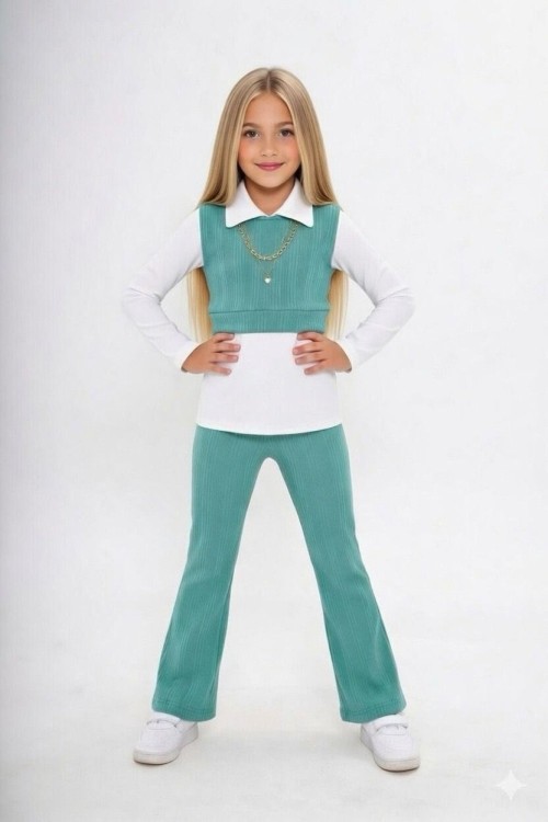 BAYRAMLIK YAKALI SÜVETER GÖRÜNÜMLÜ UZUN KOLLU İSPANYOL TAKIM  Yeşil