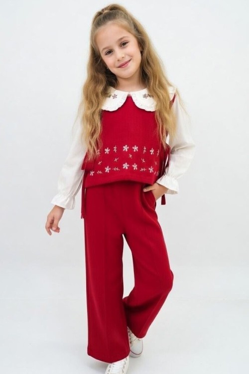 BAYRAMLIK 3 LÜ BEBE YAKALI ÇİÇEK NAKIŞLI İSPANYOL TAKIM  Kırmızı