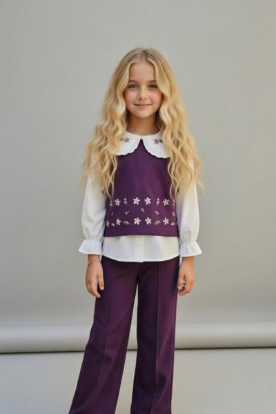 BAYRAMLIK 3 LÜ BEBE YAKALI ÇİÇEK NAKIŞLI İSPANYOL TAKIM  Mürdüm