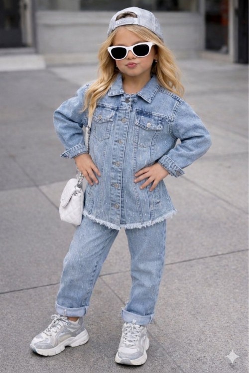 BAYRAMLIK ÇİZGİ TAŞLI ÇEKET UCU PÜSKÜLLÜ KOT TAKIM  Mavi