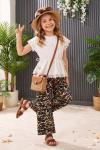 YAZLIK KOL UCU DANTELLİ BEL BÜZGÜLÜ PANTOLON KARIŞIK DESEN KIZ TAKIM Kahverengi