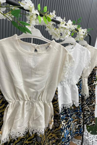 YAZLIK KOL UCU DANTELLİ BEL BÜZGÜLÜ PANTOLON KARIŞIK DESEN KIZ TAKIM Mavi