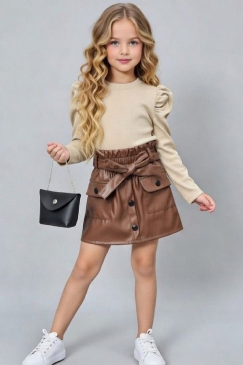 ÇANTALI DERİ ETEKLİ TAKIM  Kahverengi