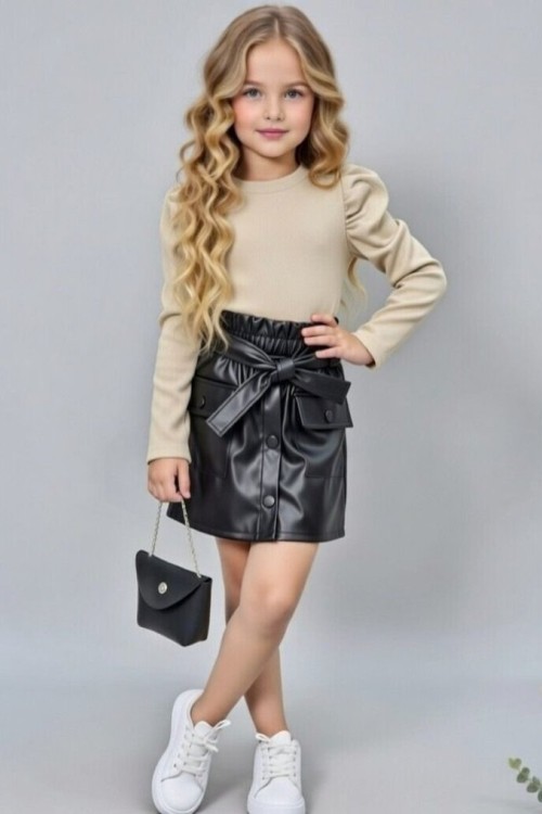 ÇANTALI DERİ ETEKLİ TAKIM  Siyah