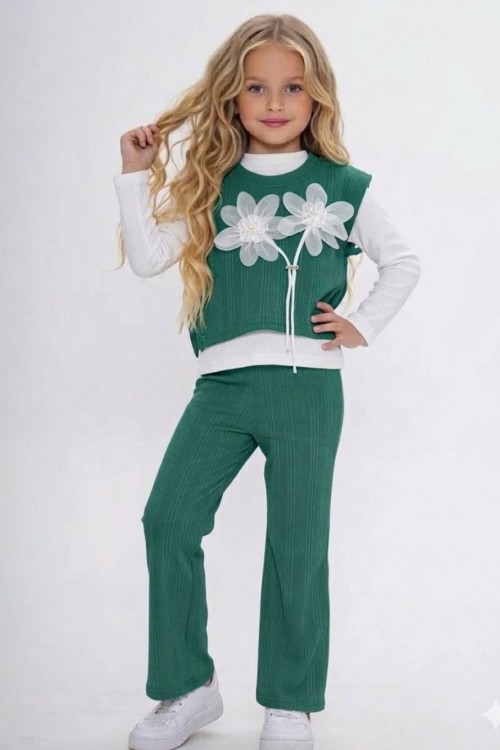 ÇİÇEK APLİK DESENLİ İÇ BADİLİ 3 LÜ TAKIM Yeşil