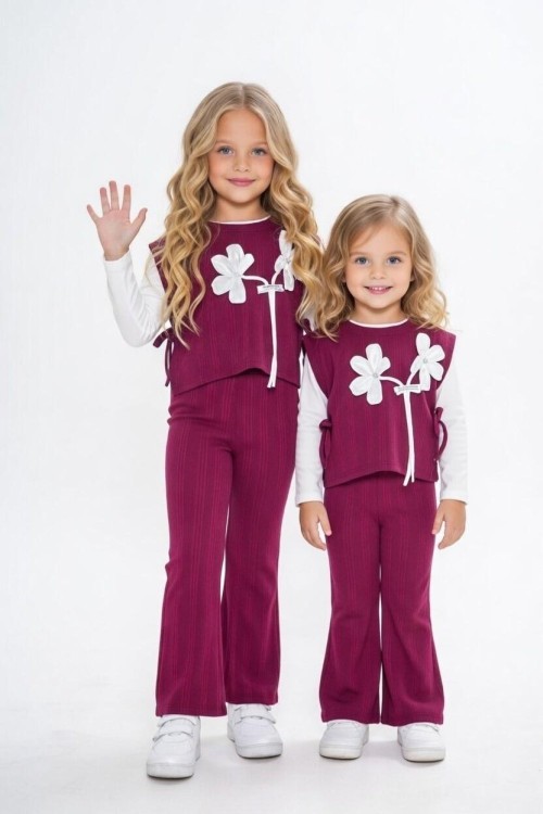 ÇİÇEK APLİK DESENLİ İÇ BADİLİ 3 LÜ TAKIM Mürdüm