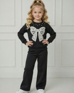 ÖNÜ İNCİLİ FİYONKLU KIZ İKİLİ TAKIM  Siyah