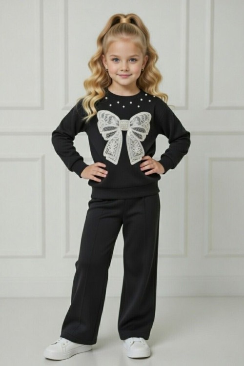 ÖNÜ İNCİLİ FİYONKLU KIZ İKİLİ TAKIM  Siyah