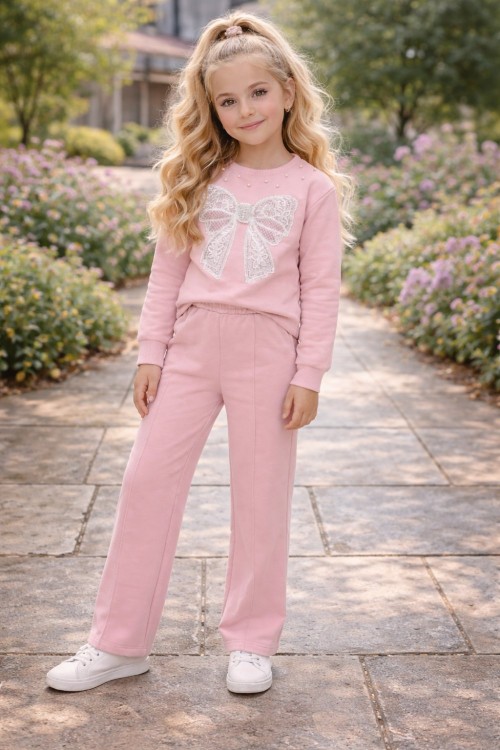 ÖNÜ İNCİLİ FİYONKLU KIZ İKİLİ TAKIM  Pembe