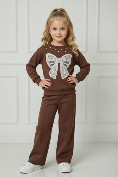 ÖNÜ İNCİLİ FİYONKLU KIZ İKİLİ TAKIM  Acı Kahve