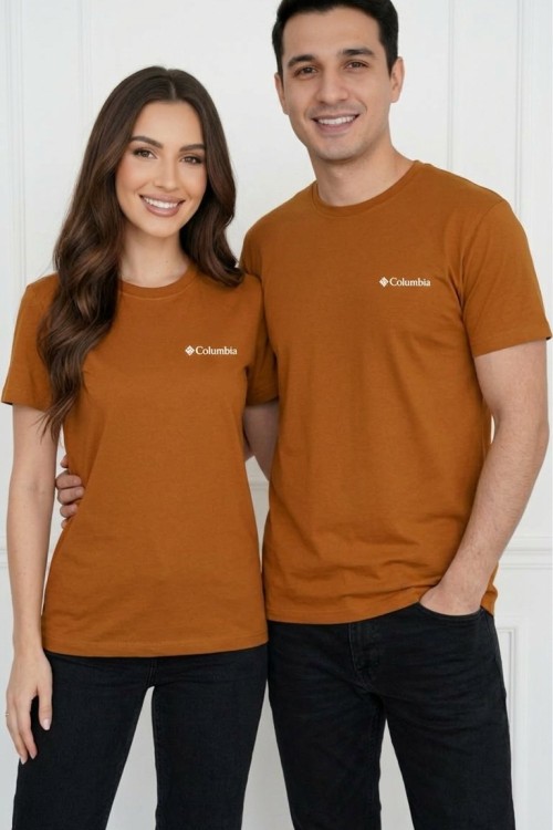 KAMPANYALI UNİSEX COLOMBİA BEYAZ YAZILI  TEK TİŞÖRT  Kahverengi