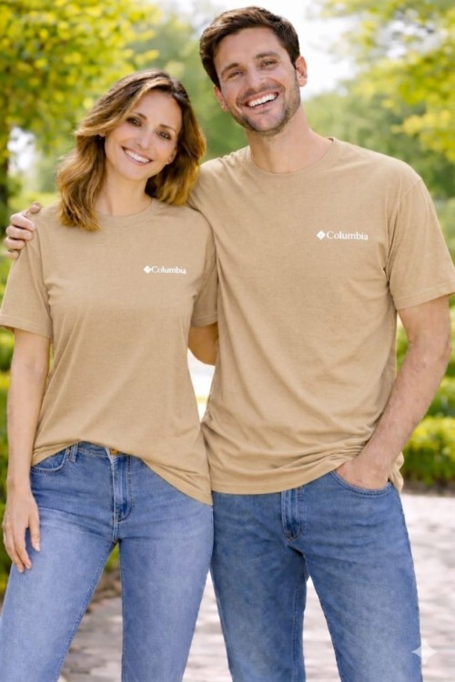 KAMPANYALI UNİSEX COLOMBİA BEYAZ YAZILI  TEK TİŞÖRT  Bej