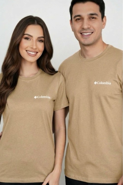 KAMPANYALI UNİSEX COLOMBİA BEYAZ YAZILI  TEK TİŞÖRT  Bej