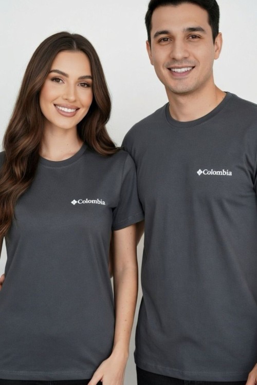 KAMPANYALI UNİSEX COLOMBİA BEYAZ YAZILI  TEK TİŞÖRT  Füme