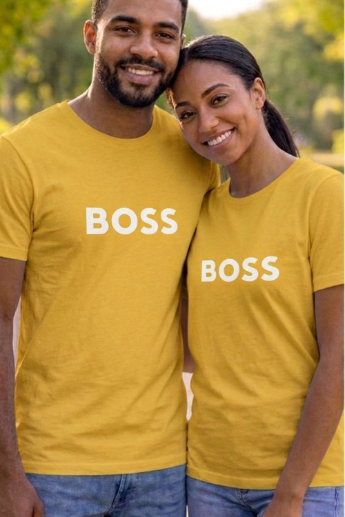 KAMPANYALI UNİSEX BEYAZ YAZILI ORTADA BOSS TİŞÖRT  Sarı