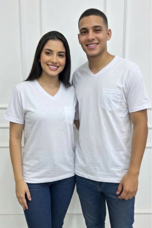 KAMPANYALI UNİSEX  V YAKA CEPLİ  DÜZ TİŞÖRT  Beyaz